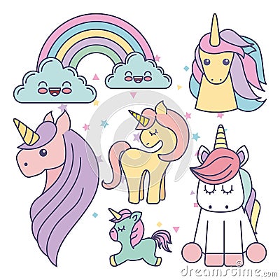 drawing cute set unicorns icon Cartoon Illustration