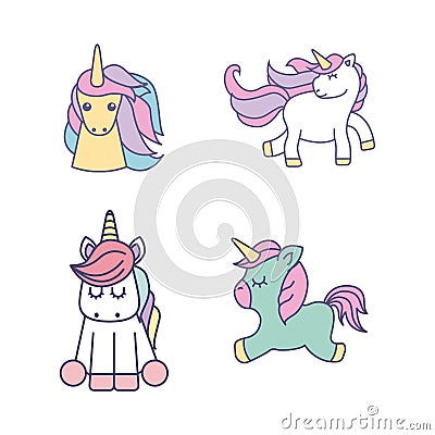 drawing cute set unicorns icon Cartoon Illustration
