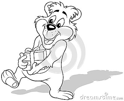 Drawing of a Cute Smiling Teddy Bear Holding a Gift in his Paws Vector Illustration