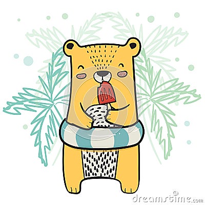 drawing cute yellow bear with life ring having strawberry Popsicle Ice cream in Summer time Vector Illustration