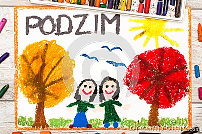 drawing: Czech word Autumn, happy girls and trees with orange and red leaves Stock Photo