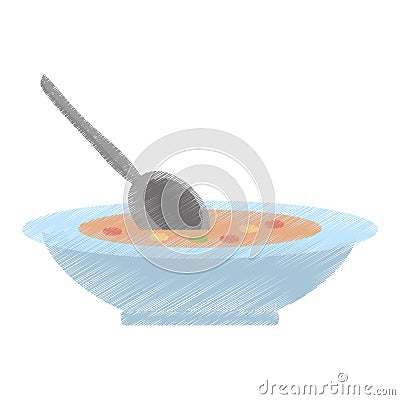 Drawing delicious soup plate spoon food hot Vector Illustration