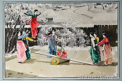 Ancient korean watercolor painting. Playing girls Editorial Stock Photo