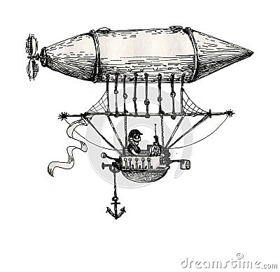 Vintage airship in steam punk style. Symbol of flight. Ink drawing. Stock Photo