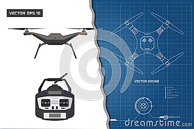 Drawing of drone. Industrial blueprint The control panel. Front, top view Vector Illustration