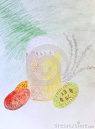 Drawing of Easter still life Easter bread and eggs Stock Photo