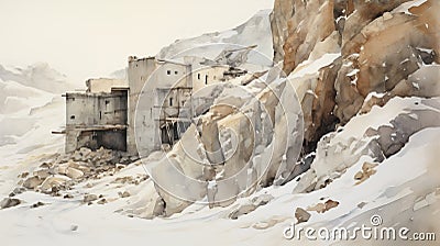 Unusual Watercolor Of Snowy Mountain Structure In Industrial Fragment Style Stock Photo