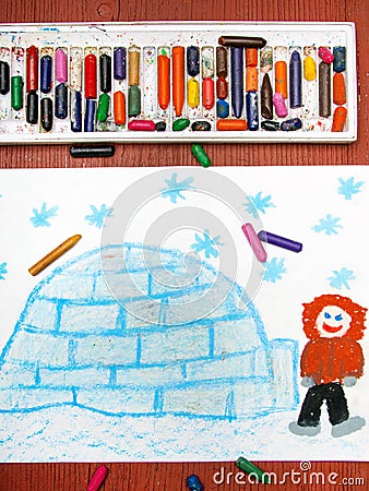 Drawing: Eskimo with his igloo Stock Photo