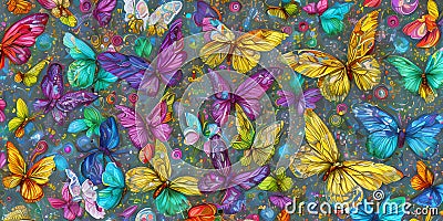 Drawing of a fantastic colorful butterfly, a flock of butterflies of different colors on a gray background ai Generated, Cartoon Illustration