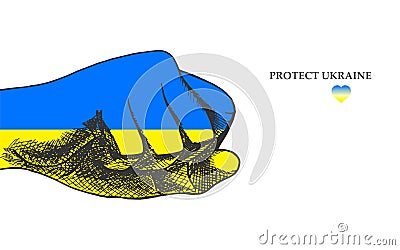 Drawing fist in color of Ukraine. Symbol of fight and protest. Blue and yellow design. Concept of resistance. Save and Vector Illustration