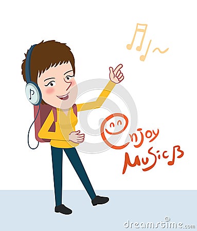 Drawing flat character enjoying music, girl design concept, illustration Cartoon Illustration