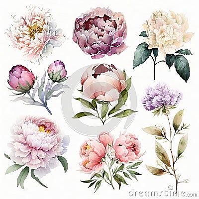 drawing of flowers on a white background peonies watercolor several pieces Generative AI Stock Photo