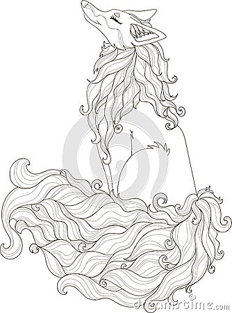 Stylized illustration of curly foxy in tangle doodle style for coloring book Vector Illustration