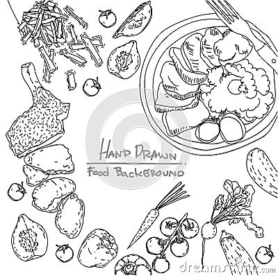 Drawing food background linear graphic. Engraved top view illustration. Vector Illustration