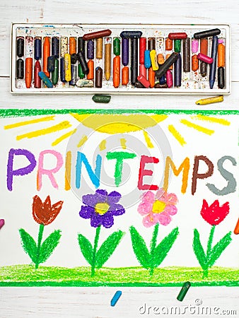 Drawing: French words Printemps Spring and beautiful flowes Stock Photo