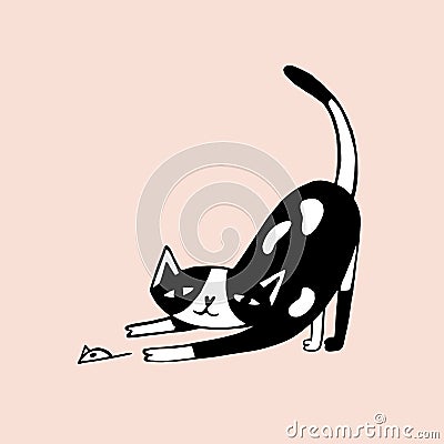 Drawing of funny cat hunting and catching mouse or playing with it. Playful pet animal. Cute cartoon character hand Vector Illustration