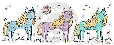 The drawing - funny horses and hand drawn elements Vector Illustration