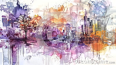 Drawing of the future city, cityscape view, watercolor with penc Stock Photo