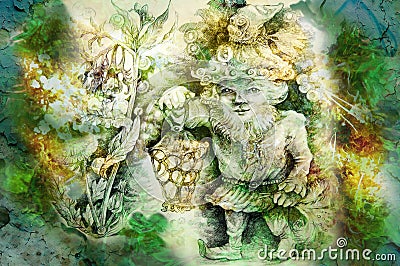 Drawing of garden dwarf with lantern and healing herbs Stock Photo