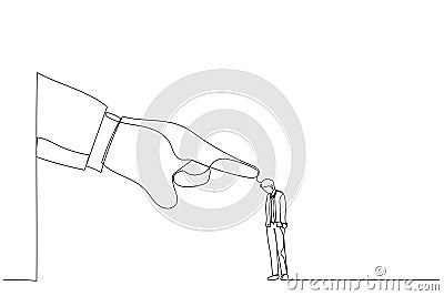 Drawing of giant hand angry points a finger at businessman employee. Metaphor for job reduction or dismissal. Single line art Vector Illustration