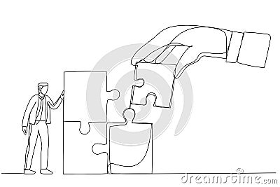 Drawing of giant hand connect last jigsaw puzzle to office businessman worker. Metaphor for team building, leadership, teamwork, Vector Illustration