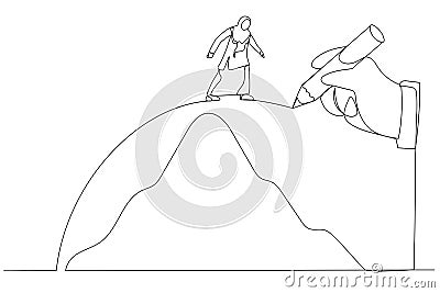 Drawing of giant hand draws a path to help the muslim woman cross the mountains, metaphor for conquering adversity. Continuous Vector Illustration