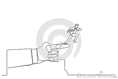 Drawing of giant hand pointing to the wrong way to a businessman. Single line art style Vector Illustration