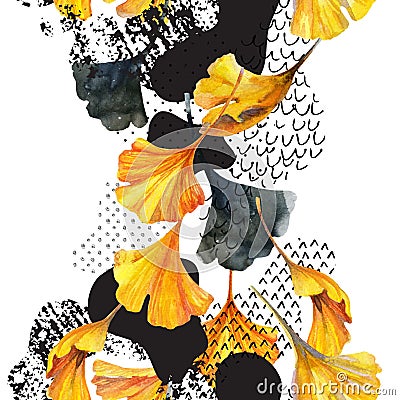 Drawing of ginkgo leaves, ink doodle, grunge, water color paper textures. Cartoon Illustration