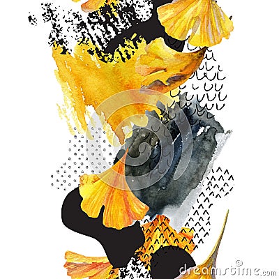 Drawing of ginkgo leaves, ink doodle, grunge, water color paper textures. Cartoon Illustration