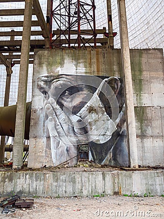 Drawing graffiti inside Chernobyl Exclusion Zone Editorial Stock Photo