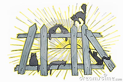 Drawing of a group of cats sitting on a fence at sunset Stock Photo