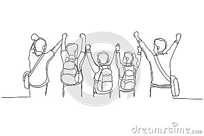 Drawing of group of friend holding hand together raising into the air celebrating. Continuous line art Vector Illustration