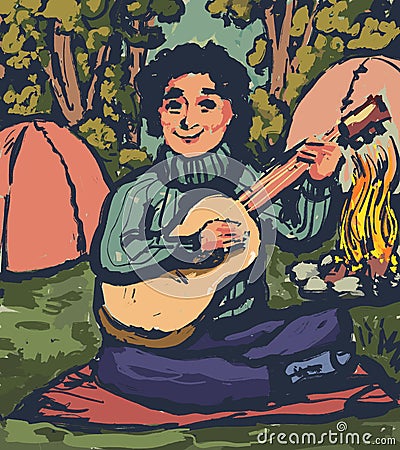 drawing of a guitarist guy on a campsite near the tents with a guitar Stock Photo