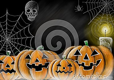 Drawing Halloween pumpkin,cobweb,spider,skull and candle chalkboard style with copy space for your texts Vector Illustration