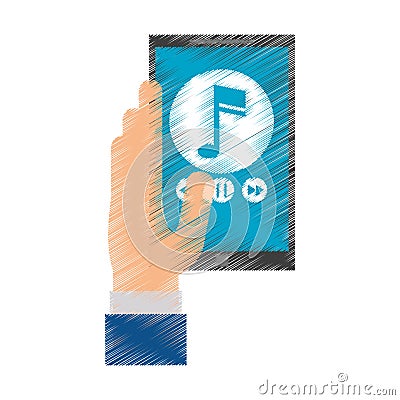 Drawing hand hold smartphone play music Vector Illustration