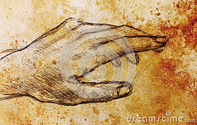 Drawing hand, pencil sketch on paper, sepia and vintage effect. Stock Photo