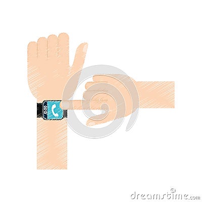 Drawing hand touchscreen smart watch phone technology Vector Illustration