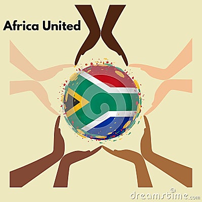 Drawing of hands of different skin colors joined together, in the center the flag of South Africa Stock Photo