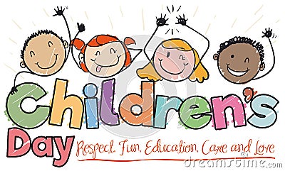 Drawing with Happy Multicultural Kids Commemorating Children`s Day, Vector Illustration Vector Illustration