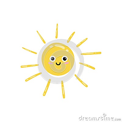 Drawing of happy smiling sun. Vector Illustration