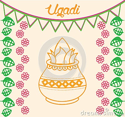 Drawing of Happy Ugadi. Hindu Indian Festival Ugadi or Gudi Padwa Wishes Vector Illustration Vector Illustration