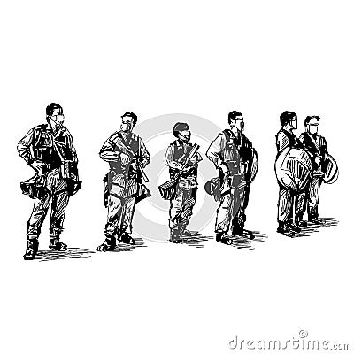 Drawing of Hong Kong police are standing on the street Vector Illustration