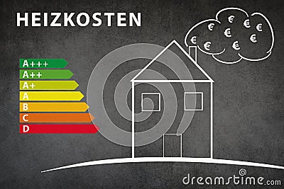 Drawing of a house on a chalkboard, Euro symbol in the cloud, power consumption grafic, heating costs Stock Photo
