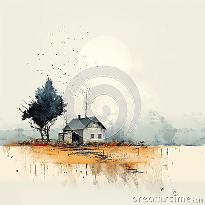 Minimalistic Landscape With House, Tree, And Birds In Sunlight Stock Photo