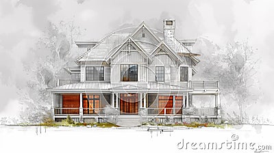 A drawing of a house with two stories and windows, AI Stock Photo