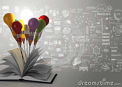 Drawing idea pencil light bulb and open book business strategy Stock Photo