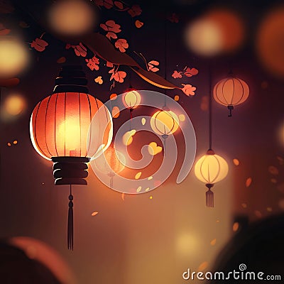 Drawing illustration, hanging glowing colorful Chinese Lanterns. Chinese New Year celebrations Cartoon Illustration