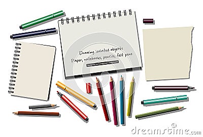 Drawing isolated objects paper notebooks pencils felt pens. Vector Illustration