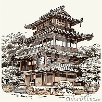 Drawing of a japanese pagoda Stock Photo