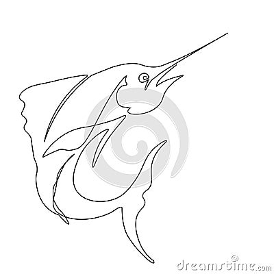 Drawing of a jumping swordfish made in the one line art technique Vector Illustration